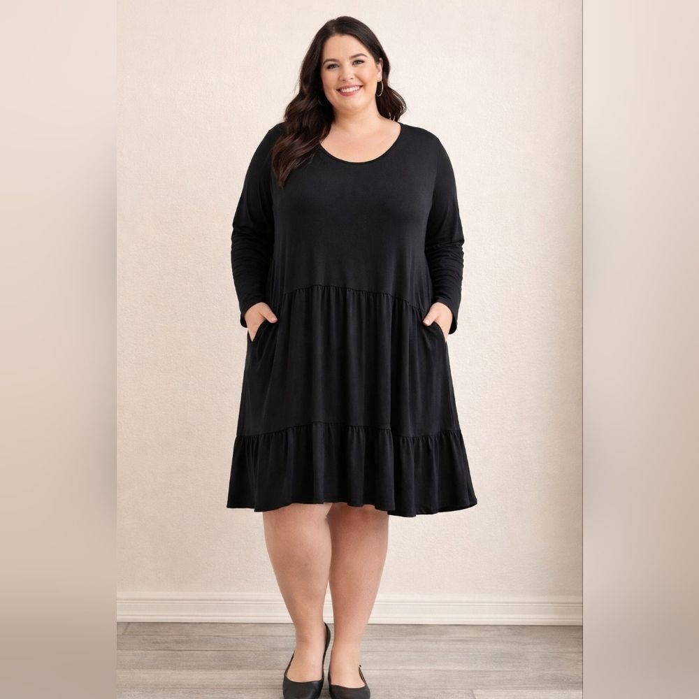 Love, Fire Long Sleeve Ruffle Hem Dress Solid Black Soft Material Plus Size 4X